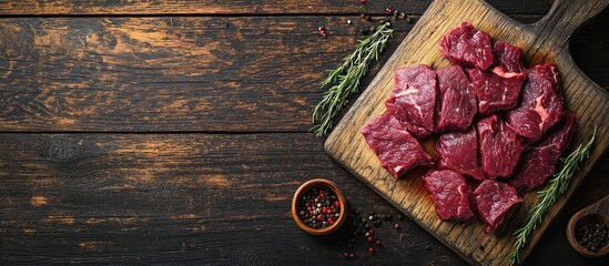 Wall Mural - Sliced raw venison deer meat for a stew on a butcher s cutting board Wooden background Top view. with copy space image. Place for adding text or design