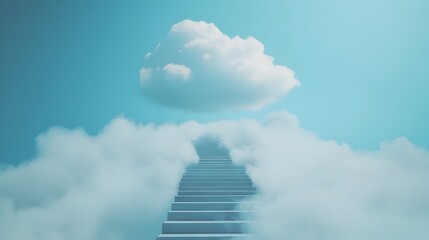 Poster - Staircase leading up into a cloudy sky representing the pursuit of personal growth  The surreal metaphorical image conveys a sense of the potential to reach new heights