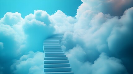 Poster - A staircase leading into a cloud symbolizing the journey towards unlimited potential  The clean minimalist design creates a sense of openness and possibility