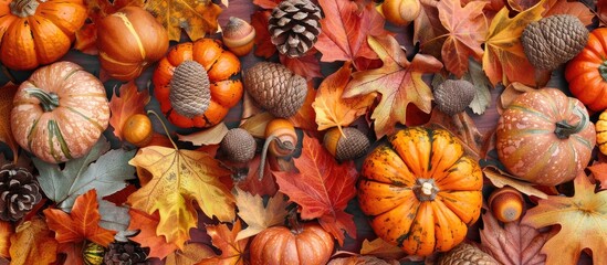 Poster - Autumn arrangement Border of dry leaves acorns and pumpkins on a white backdrop Flat lay top view copy space