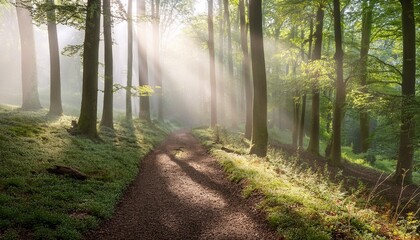 Poster - footpath through natural beech forest with sunbeams through morning fog