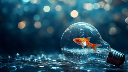 Poster - Creative Light Bulb Filled with Water and a Captivating Fish Swimming Inside   Symbolizing the Fluidity of Imagination Innovation and Solutions