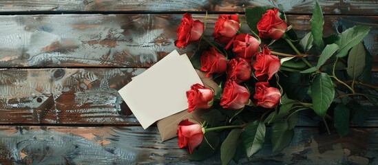 Poster - Box of roses and a card on an aged wooden surface. with copy space image. Place for adding text or design