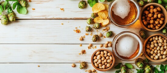 Poster - Background with beer and snacks Hops beer chips and nuts Set against a white wooden backdrop Copyspace available for text Top view