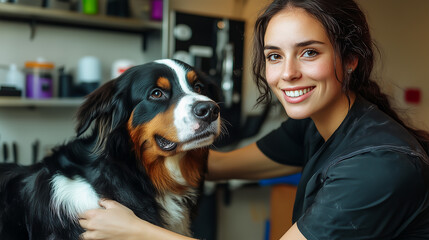 Wall Mural - woman groomer cuts a dog of the Bernese Mountain breed