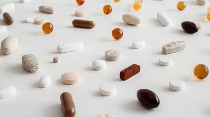 Different types of pills spread on a white surface