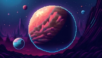 Wall Mural - Pixelated Planet and Moon- A simple pixel art design featuring a large planet with a visible surface. Game design poster. Graphic art 8 bit illustration poster