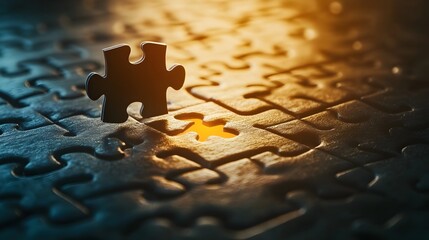 Poster - The final puzzle piece hovering over an incomplete puzzle symbolizing the last step to achieving completion and success