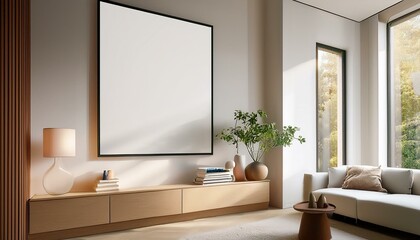 Wall Mural - Stylish home living room interior with sofa and window. Mockup frame
