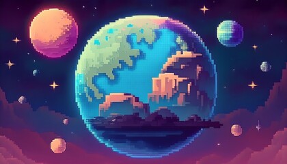 Wall Mural - Pixelated Planet and Moon- A simple pixel art design featuring a large planet with a visible surface. Game design poster. Graphic art 8 bit illustration banner