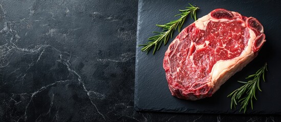 Poster - Close up of raw dry aged Kobe ribeye steak on a black board. with copy space image. Place for adding text or design