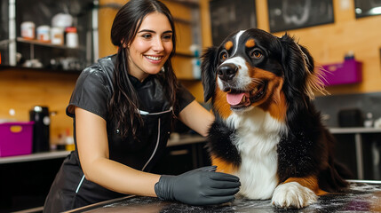 Wall Mural - woman groomer cuts a dog of the Bernese Mountain breed