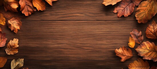 Poster - Autumn Leaves on a wooden background. with copy space image. Place for adding text or design
