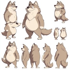 Wall Mural - A character design sheet featuring a cartoon wolf in various poses and expressions.