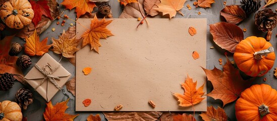 Poster - Autumn flat lay arrangement featuring a postcard mockup and dried leaves against a vibrant orange background Creative concepts for autumn Thanksgiving fall and Halloween Top view copy space