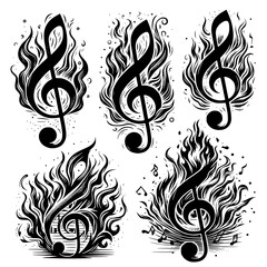 Canvas Print - Trebel clef in flames design, Trebel clef in flames logo, black and white treble clef logo collection. Set of treble clef in flames vector art. Hot music logo.