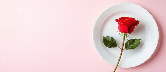 Poster - Romantic table arrangement for Valentine s Day or a dinner date celebration wedding Valentine s Day theme featuring a red rose bud and white plates on a pastel pink tablecloth background Flat lay top