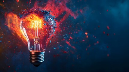 Poster - Dramatic image of a light bulb shattering into a vibrant burst of color representing the explosive nature of creativity and innovation with ample copy space for text overlay