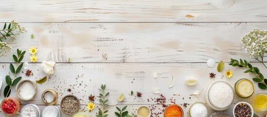 Aufkleber - Luxury organic body and skin care spa cosmetics arranged as a decorative border on a white wooden background flat lay. with copy space image. Place for adding text or design