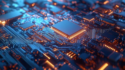 Poster - Close-up view of a circuit board with glowing pathways and microchips showcasing advanced technology and intricate design