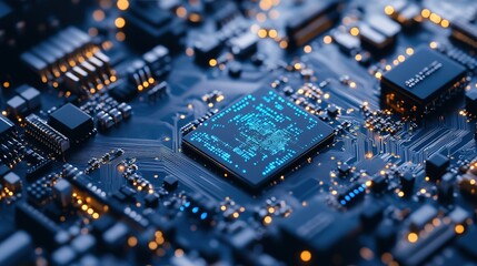 Poster - A close-up view of a computer motherboard showcasing intricate circuits, chips, and glowing components in a dimly lit environment