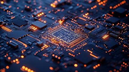 Poster - Close-up of a circuit board with glowing microchips and intricate pathways in a dark setting showcasing advanced technology