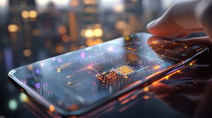 Poster - A close-up of a hand interacting with a smartphone displaying vibrant digital graphics against a city skyline at dusk