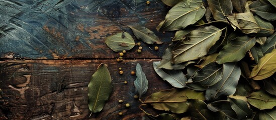 Aufkleber - dried bay leaves on a dark wooden surface. with copy space image. Place for adding text or design