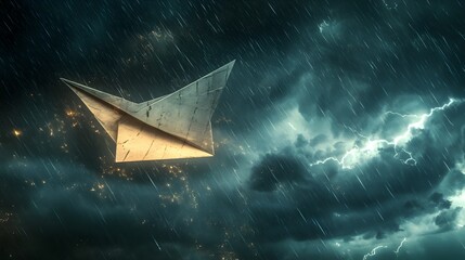 Poster - A paper plane delicate and vulnerable defiantly soaring through a raging thunderstorm symbolizing the fragile yet powerful nature of hope in the face of adversity and chaos