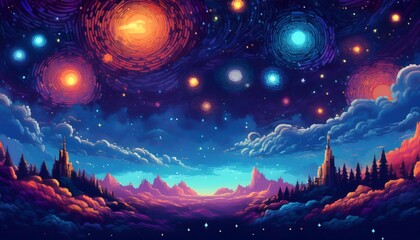 Wall Mural - Pixelated Starry Sky - A pixel art scene of a deep, dark space background filled with twinkling stars. Game design poster. Graphic art 8 bit illustration. Ai Generated