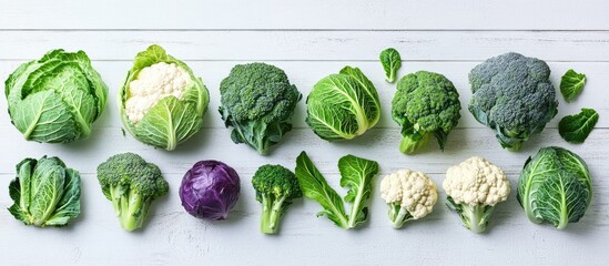 Aufkleber - Different types of cabbage broccoli and cauliflower An assortment of cabbages on a white wooden background Flat lay. with copy space image. Place for adding text or design