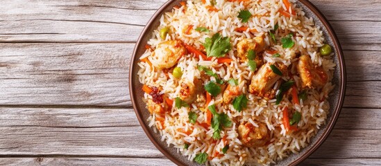 Poster - Pakistani cuisine biryani rice with chicken and raita yogurt dip Tasty Hyderabadi chicken biryani on a gray wooden background Top view or flat lay Copy space Vertical