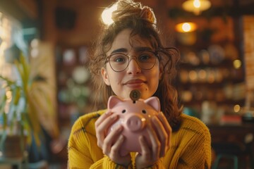 Wall Mural - Young Brazilian woman holding piggy bank and coin  concept of economy  finance  saving.