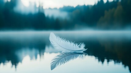 Poster - A feather gently floating on the still mirror like surface of a peaceful lake creating a serene and contemplative scene that symbolizes tranquility solace and the beauty of nature s simplicity