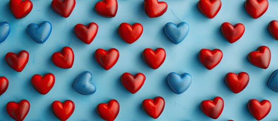 Poster - Valentine s Day backdrop featuring red hearts on a blue background Flat lay top view. with copy space image. Place for adding text or design