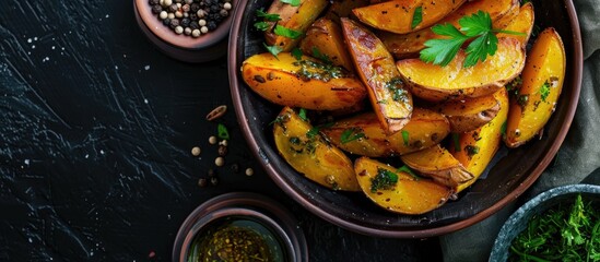 Poster - Baked country style potato wedges seasoned with herbs and sauce Top view copy space