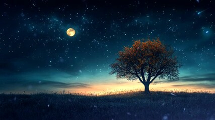 Lonely tree under a glowing full moon in a serene night sky with vibrant stars. Tranquil nature animation scene.