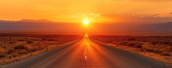 A road through the desert at sunset, glowing with warm hues, expansive and dramatic, isolated on white background