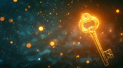 Poster - Glowing key floating in the air symbolizing an unlocked potential and new opportunities for growth innovation and creative breakthroughs  Digital 3D rendering with copy space