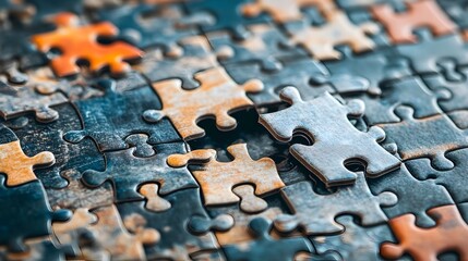 Poster - Incomplete jigsaw puzzle with one piece missing representing an unfinished problem or challenge that needs a solution  The missing element symbolizes potential opportunity
