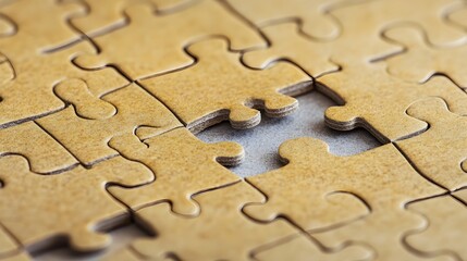 Poster - A jigsaw puzzle with one piece missing symbolizing an incomplete or unfinished concept challenge or opportunity  The empty space represents potential uncertainty