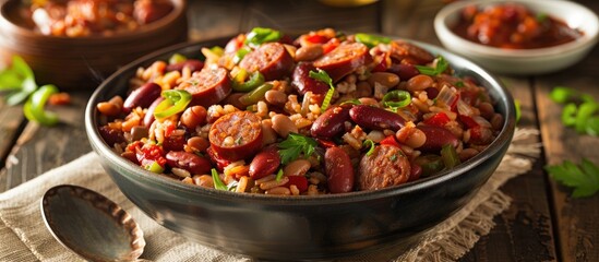 Canvas Print - Southern Red Beans and Rice with Sausage Meal. with copy space image. Place for adding text or design