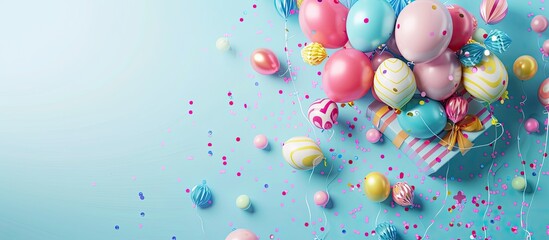 Poster - Birthday party flat lay featuring vibrant balloons and confetti spilling out of a gift box. with copy space image. Place for adding text or design