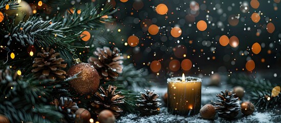 Pine branches a candle Christmas tree ornaments nuts and a pine cone in snow against a black background. with copy space image. Place for adding text or design