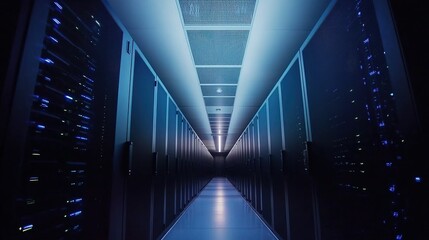 Poster - A long corridor of illuminated data servers in a modern server room at night showcasing high-tech infrastructure