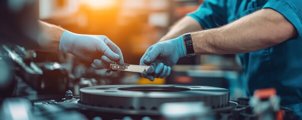 Poster - Close-up of a mechanic using a caliper gauge for precision measurement in an automotive workshop setting with focus on hands and engineering tools.