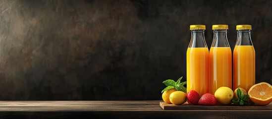 Fototapete - Homemade fresh squeezed juice in bottles. with copy space image. Place for adding text or design