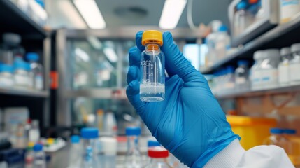 Hands of a scientist holding a vial of biotechnological solution with lab equipment and glassware visible in the background.