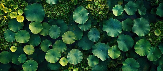 Leinwandbilder - Aerial perspective of lotus plants in a park. with copy space image. Place for adding text or design