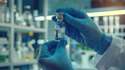 Poster - Hands of a scientist holding a vial of biotechnological solution with lab equipment and glassware visible in the background.